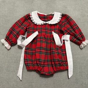Baby Red Plaid Holiday Romper Peter Pan Collar Lace Trim Christmas Bubble 12-18M
